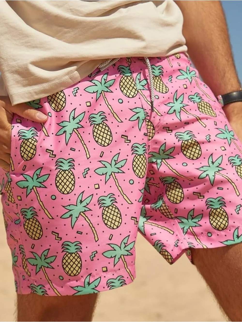 Men's Pink Pineapple Print Swim Trunks with Green Accents